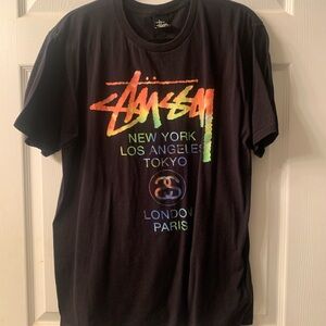 Stussy Black Tee with Multicolor City Print